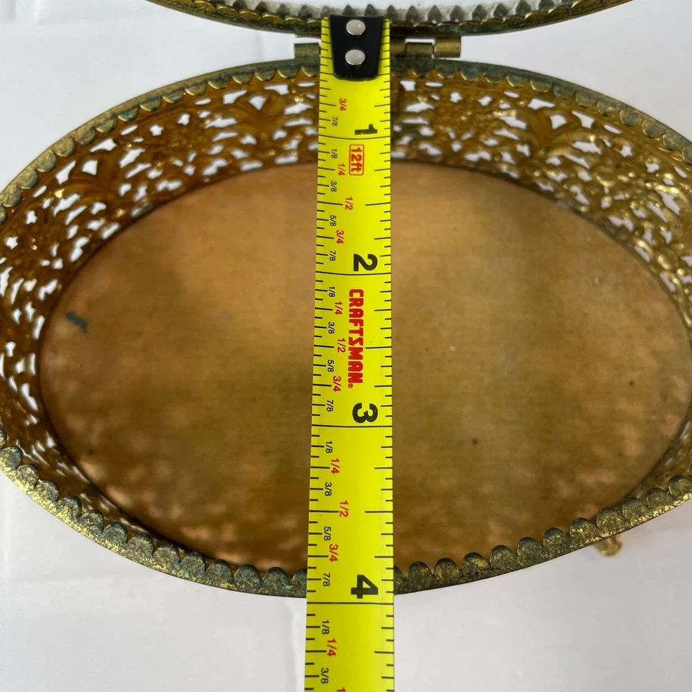 Vintage Gold Filigree Glass Trinket Box Oval Hollywood Regency Jewelry Casket